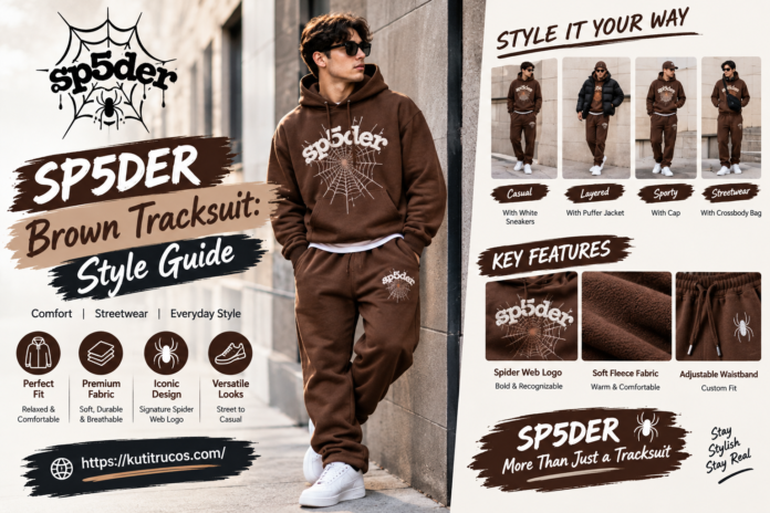 SP5DER brown tracksuit streetwear outfit with matching hoodie and sweatpants.